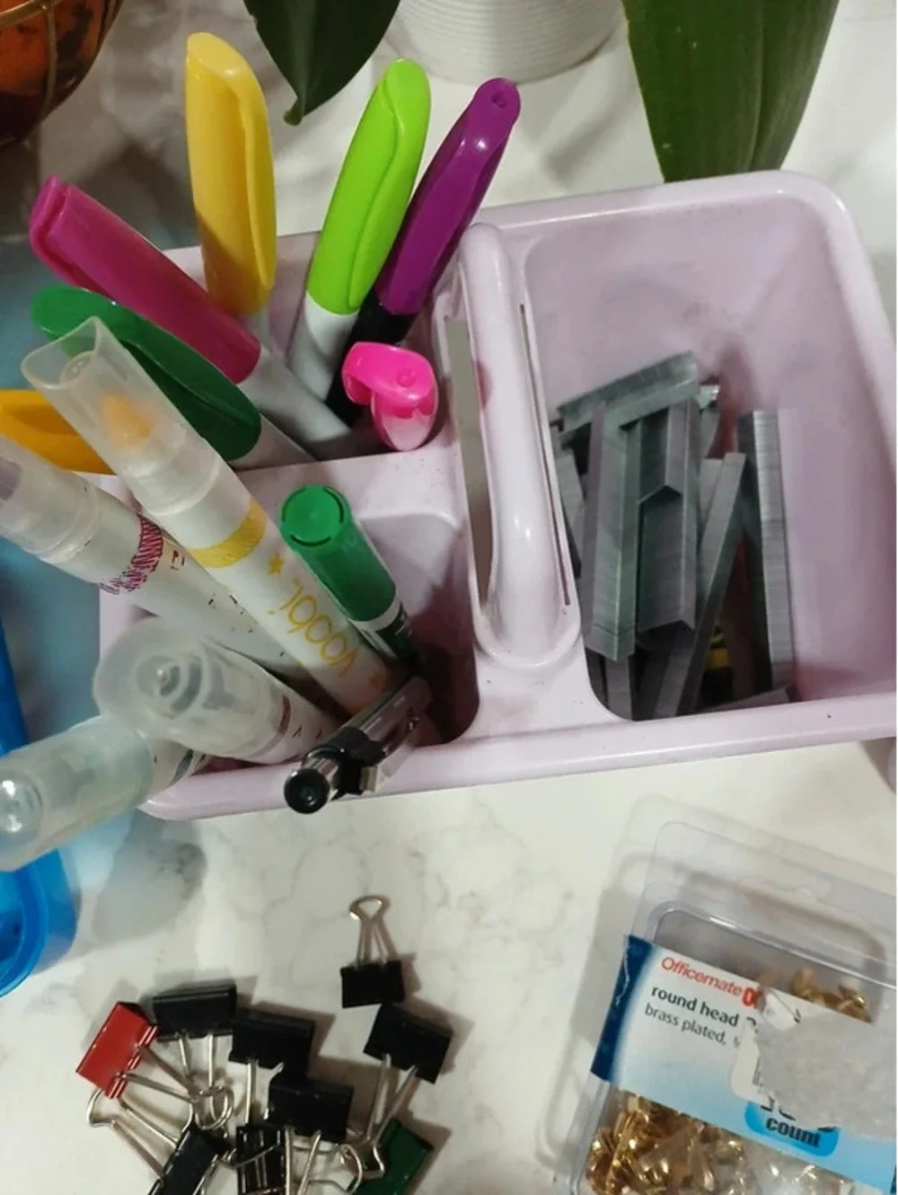 School supplies pencils markers pens pins